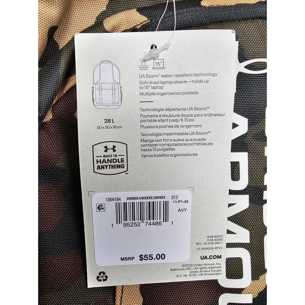 Under Armour Camo Backpack Full Size 26L Bag Water Repellent Fits 15